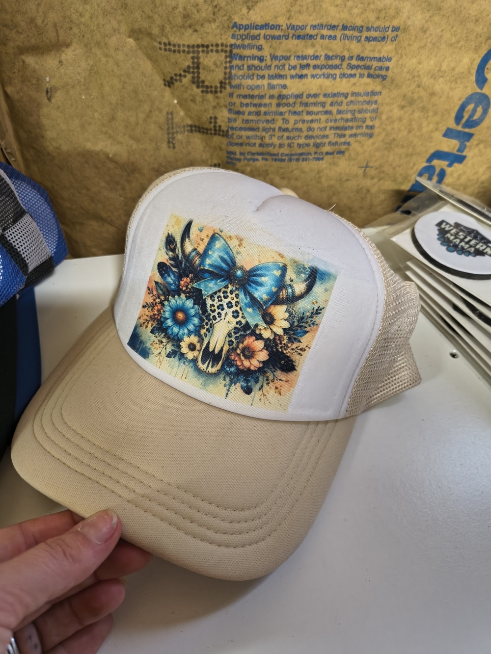 Kids Beige and White Trucker Hat with Floral Bull Skull Print